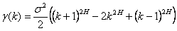 gamma(k)=(sigma^2/2)*((k+1)^2H-2k^2H+(k-1)^2H)