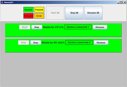 HoneyRJ application viewing showing one connection to the FTP protocol