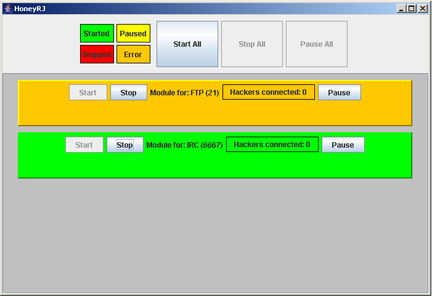 HoneyRJ application indicating the FTP protocol could not listen on port 21