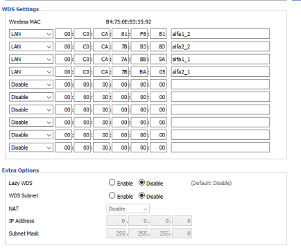 Configuration of DD-WRT router that shows the WDS nodes page